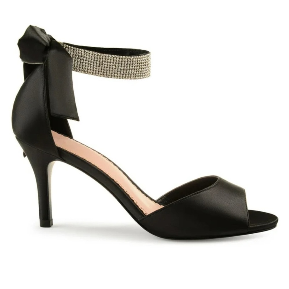 Journee Collection Briela Black Satin Rhinestone Ankle Strap Open Toe High Heels